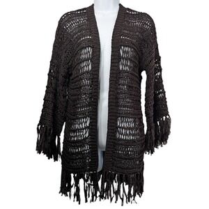 Asos Womens XS Oversized Open Knit Fringe Cardigan Brown Black Boho 90s Grunge